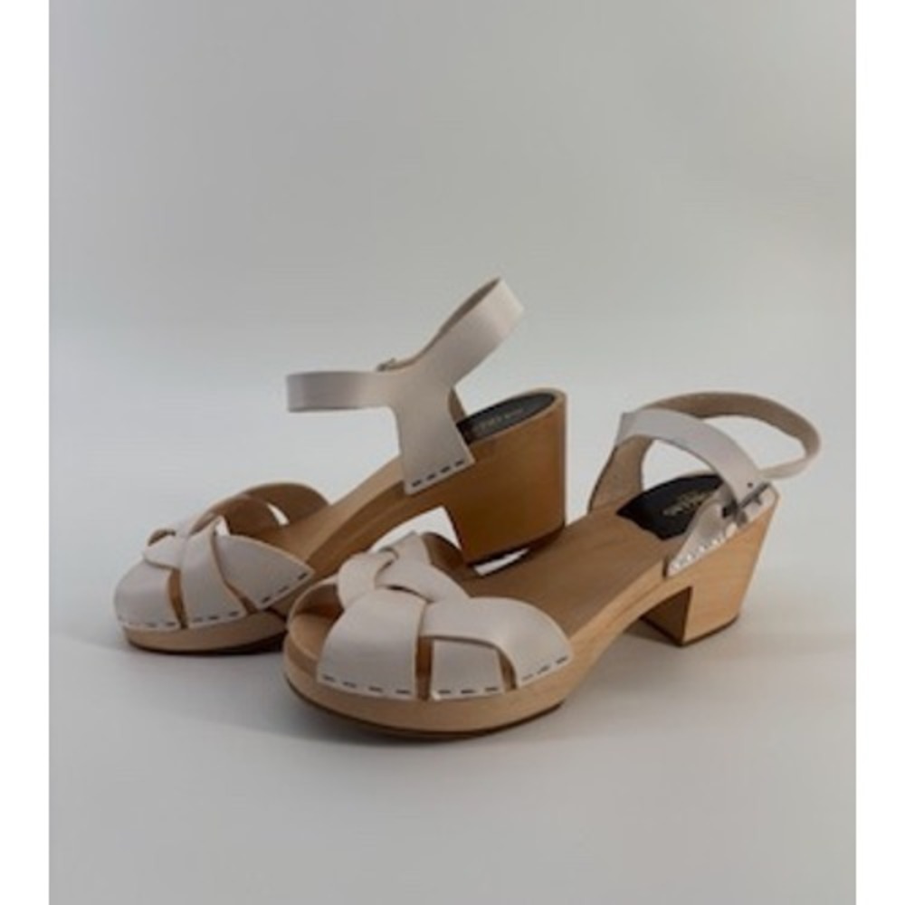 Swedish Hasbeens Braided Sky High White Leather Wood Clog Sandals Womens 39 - Picture 5 of 7